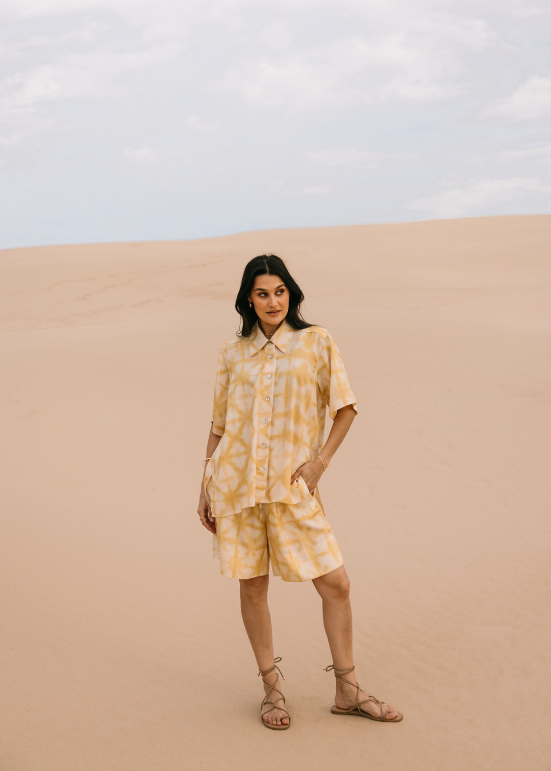 Relaxed fit biscotti shibori shirt made with eco-friendly Tencel fabric, perfect for effortless resort style."