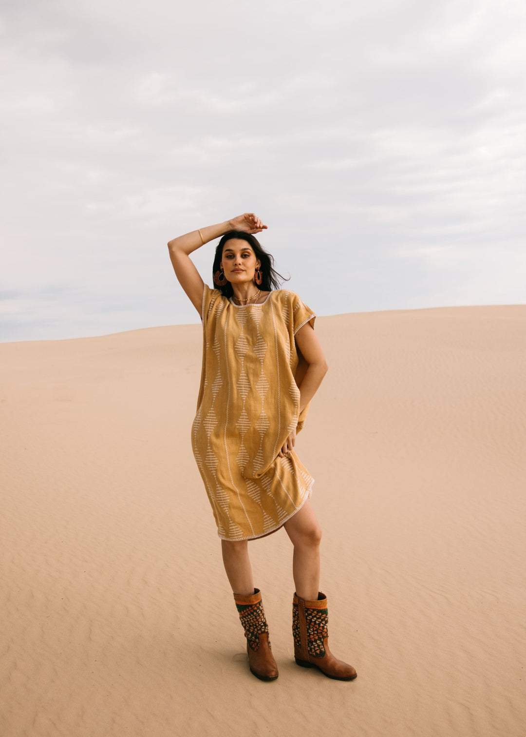 Artisanal honey-toned Frida Kaftan in breathable linen, designed for effortless resortwear by Ulu Lounge."