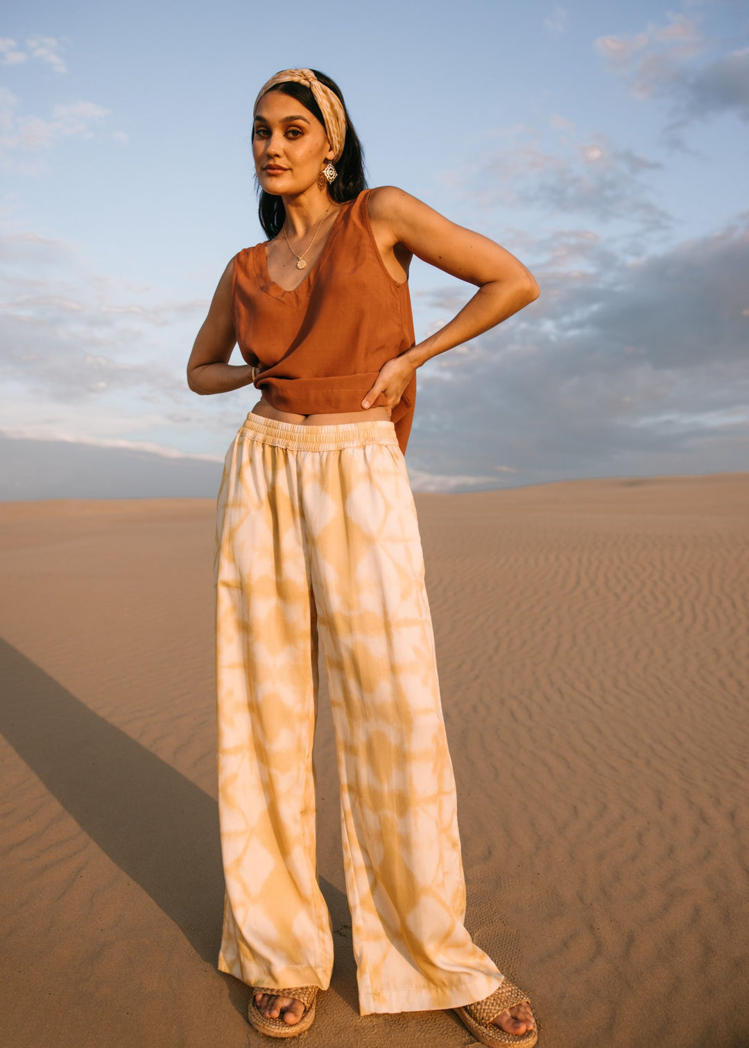 Relaxed fit biscotti shibori pants, handmade from eco-friendly Tencel fabric, perfect for resortwear