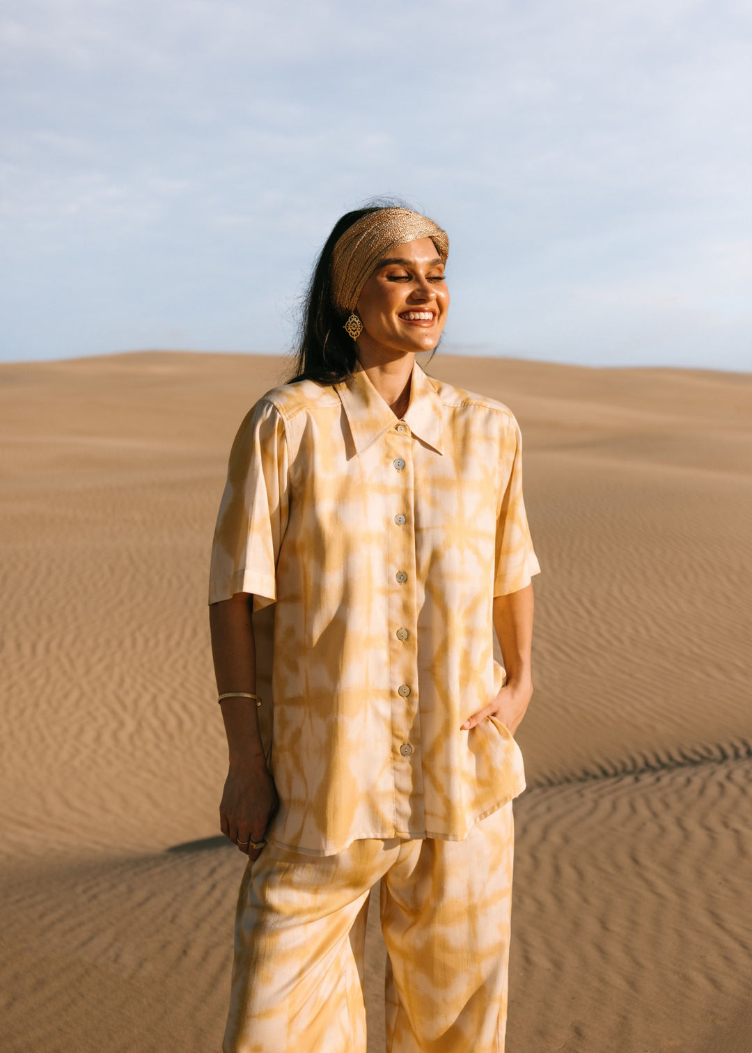 Relaxed fit biscotti shibori shirt made with eco-friendly Tencel fabric, perfect for effortless resort style."