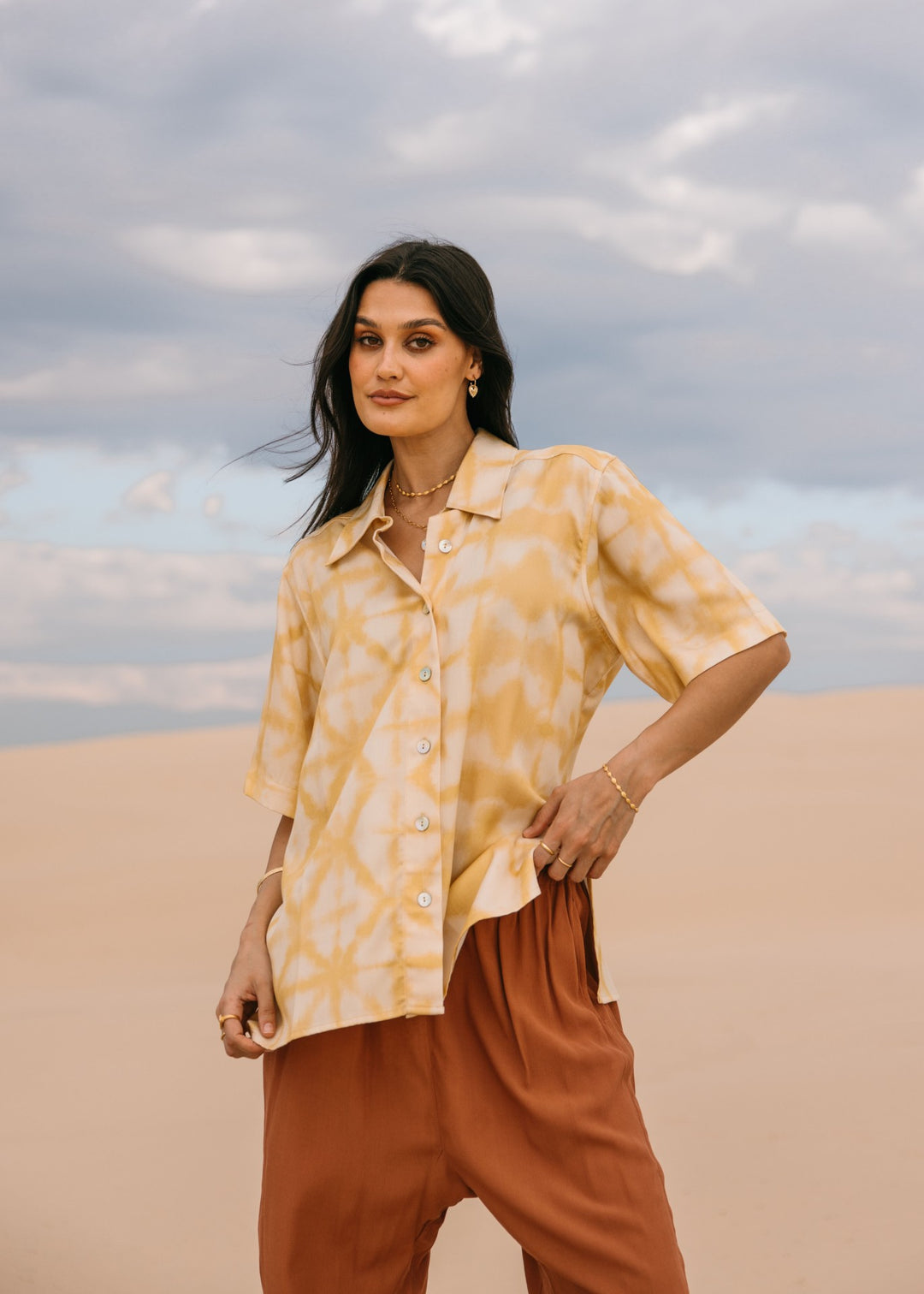 Relaxed fit biscotti shibori shirt made with eco-friendly Tencel fabric, perfect for effortless resort style."