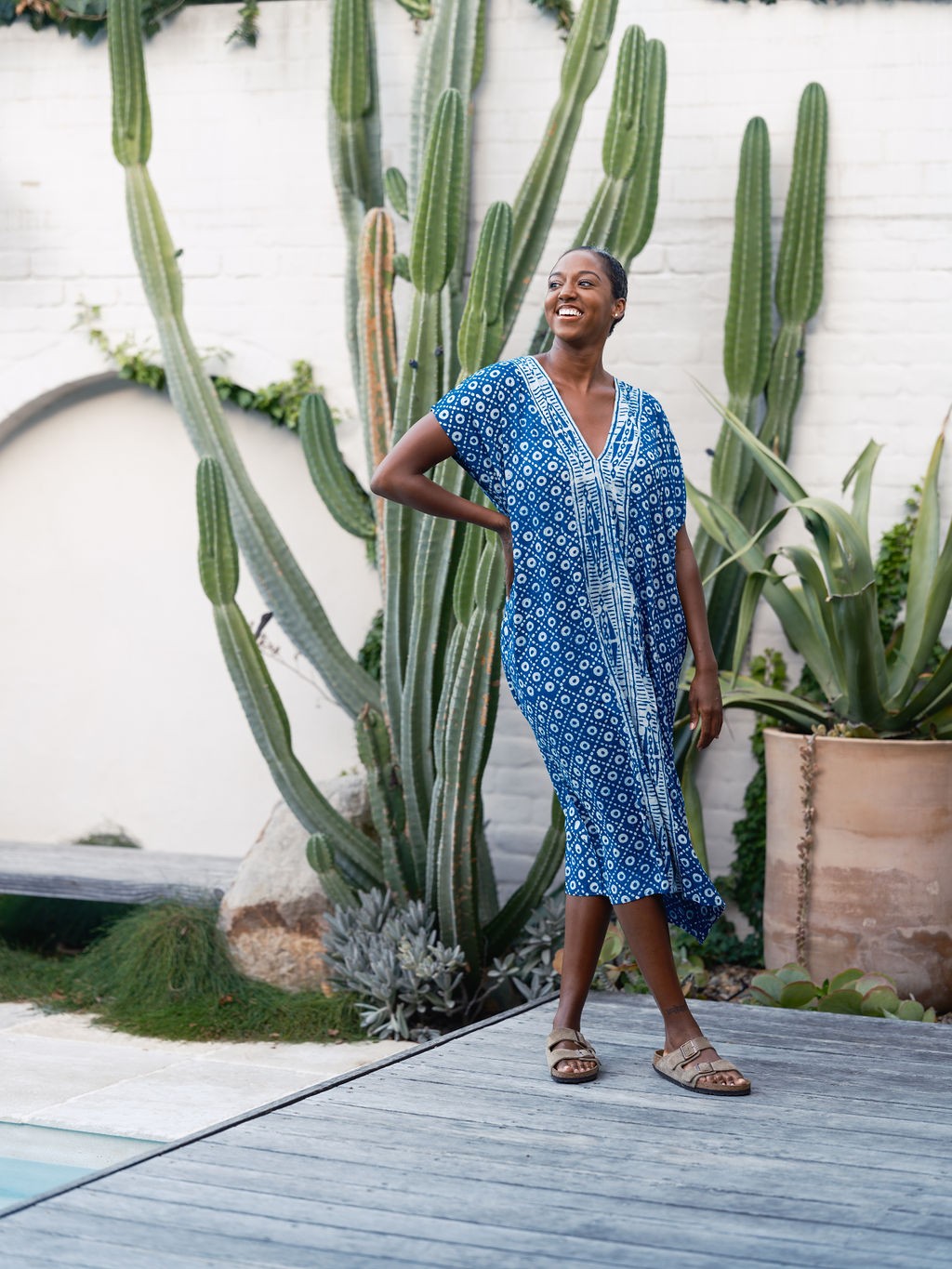 hand dyed indigo bohemian luxury resort caftan