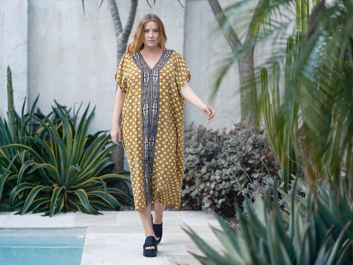 hand-dyed Sunday Kaftan by Ulu Lounge, crafted from silky, lightweight viscose resort wear style