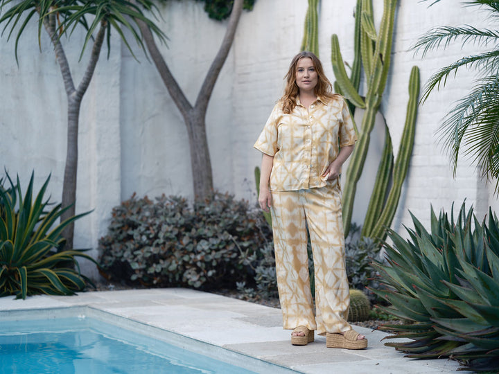Relaxed fit biscotti shibori pants, handmade from eco-friendly Tencel fabric, perfect for resortwear
