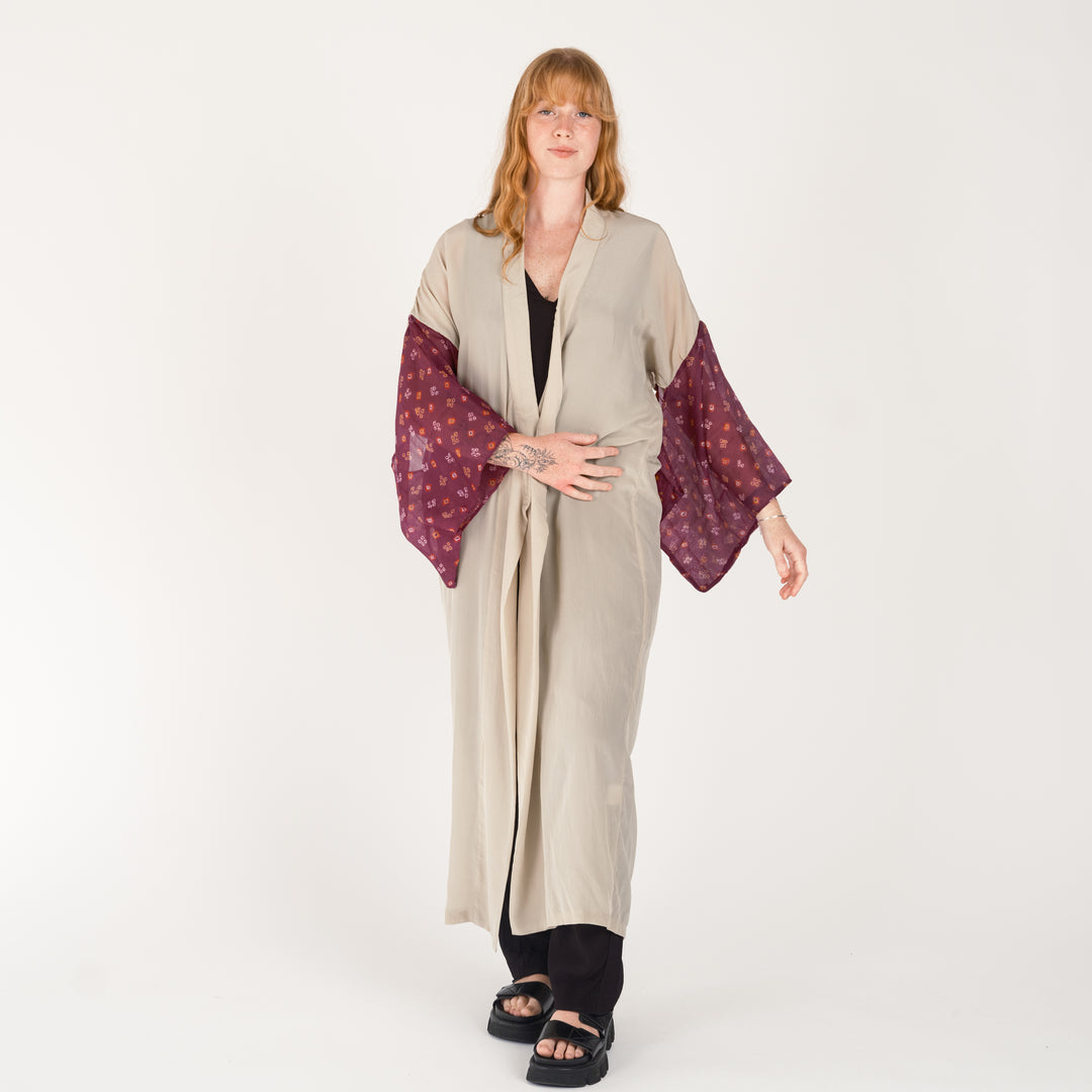 long silk kimono in oyster with feature sleeves