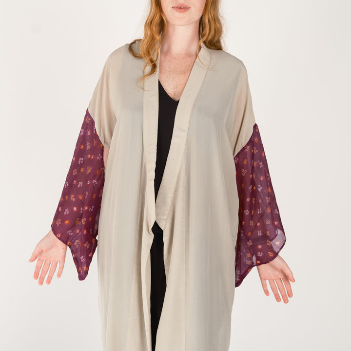 long silk kimono in oyster with feature sleeves