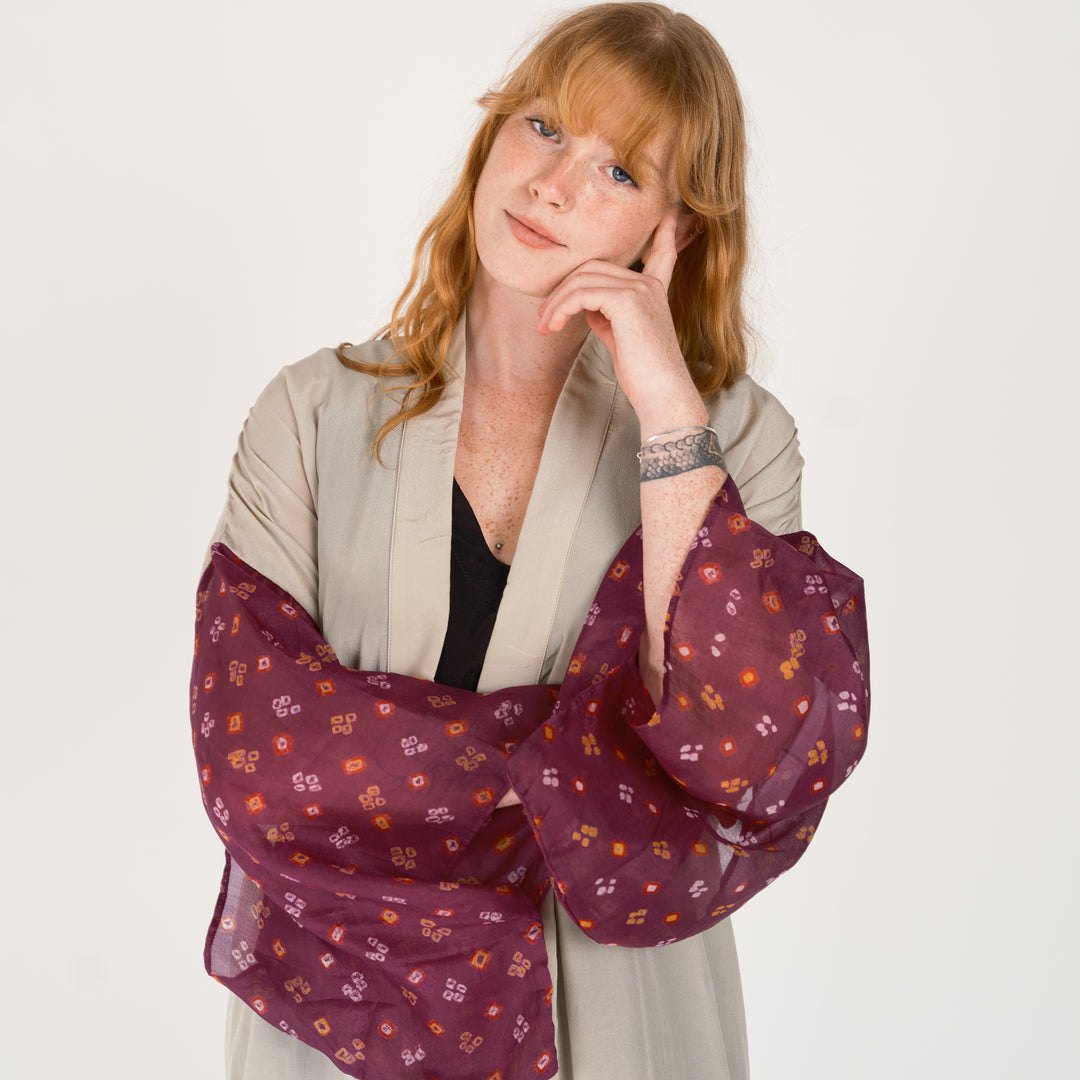 long silk kimono in oyster with feature sleeves