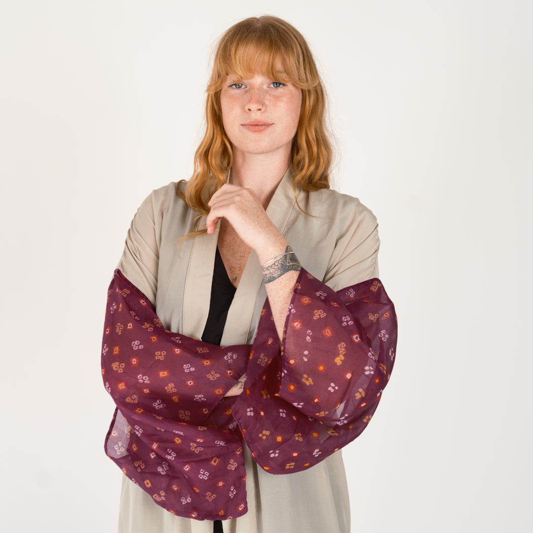 long silk kimono in oyster with feature sleeves