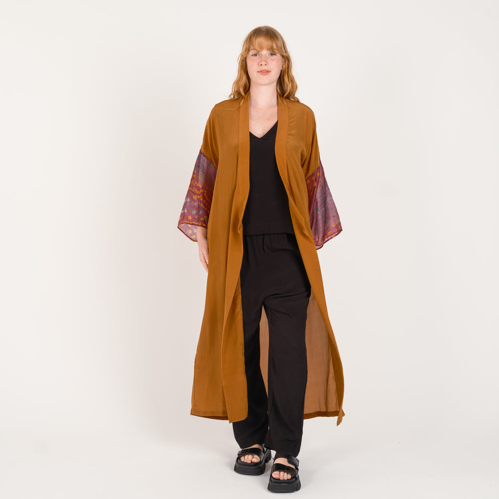 long silk kimono in oyster with feature sleeves