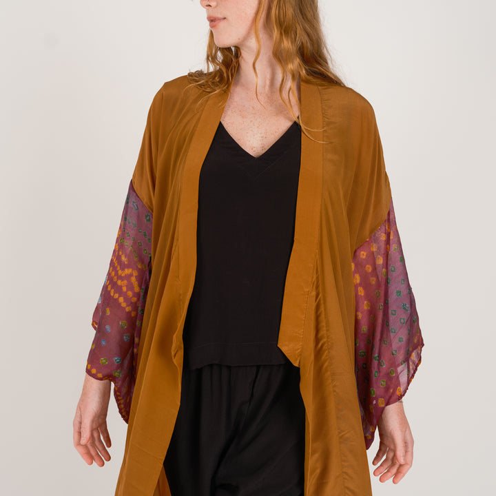 long silk kimono in oyster with feature sleeves