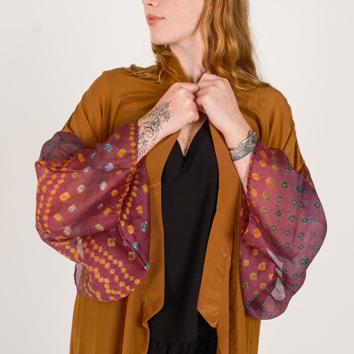 long silk kimono in oyster with feature sleeves