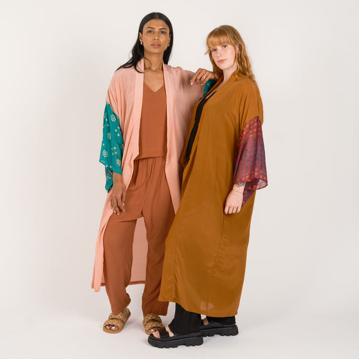 THE LONG SILK BANDAHNI KIMONO Pink and Jade