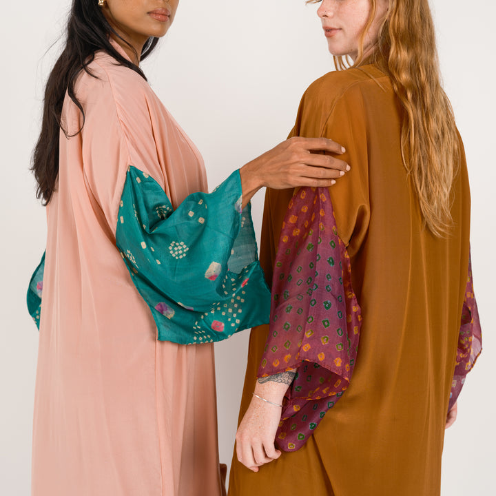THE LONG SILK BANDAHNI KIMONO Pink and Jade