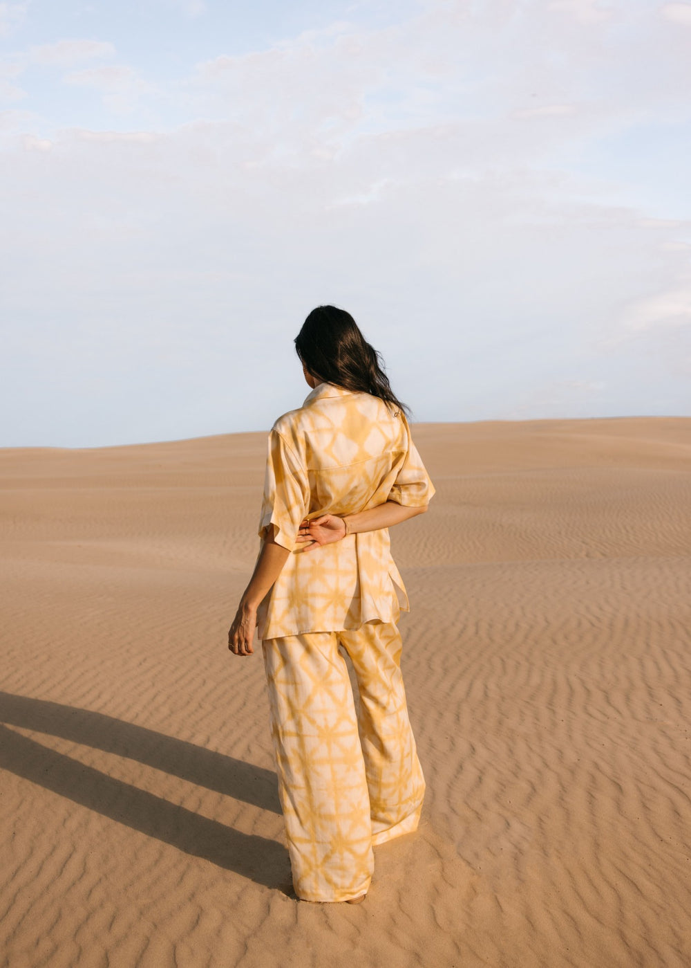 Relaxed fit biscotti shibori pants, handmade from eco-friendly Tencel fabric, perfect for resortwear
