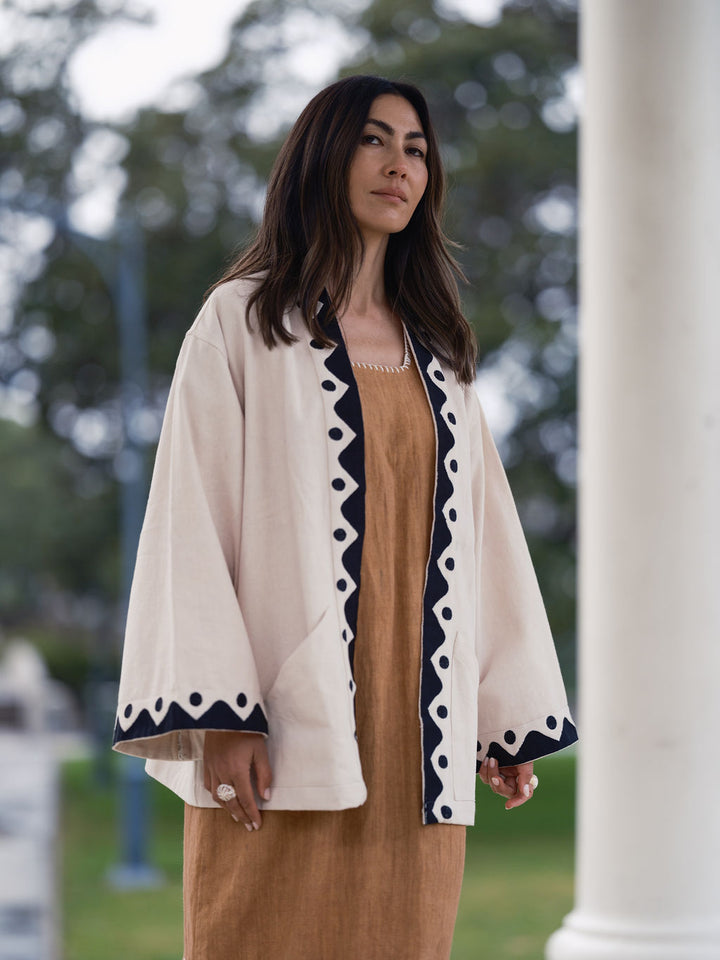 The Joni Kimono in Cream and Charcoal