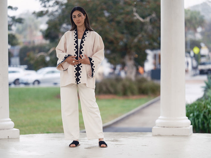 The Joni Kimono in Cream and Charcoal