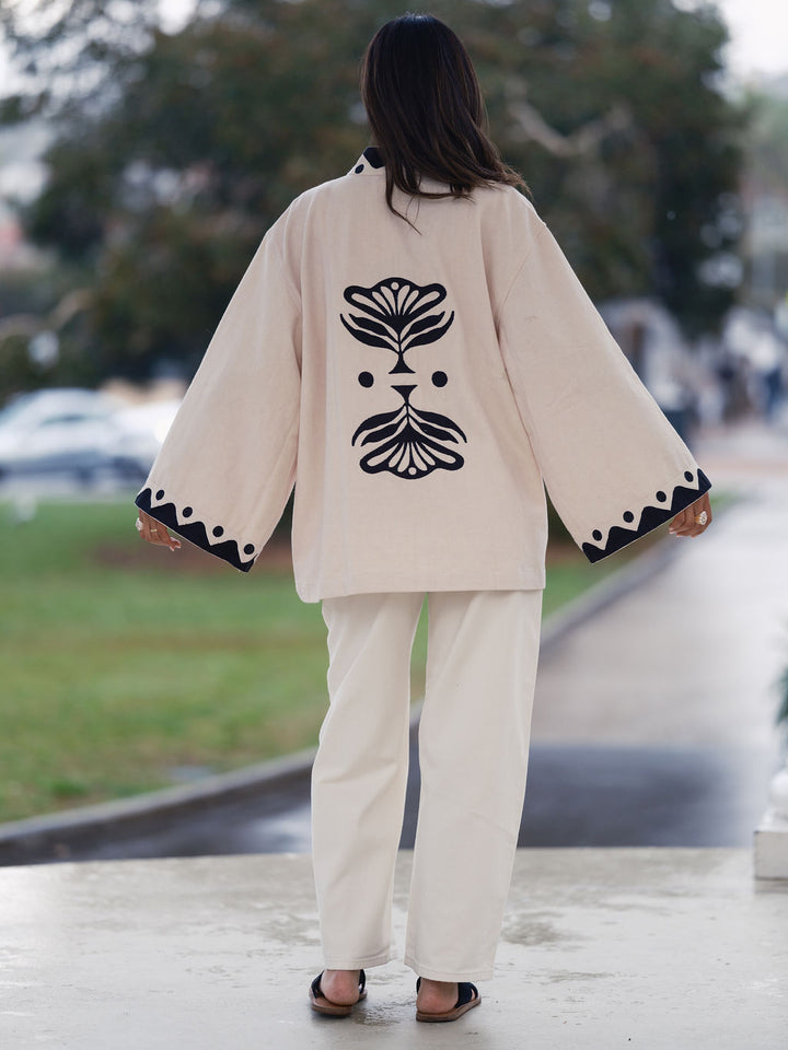 The Joni Kimono in Cream and Charcoal