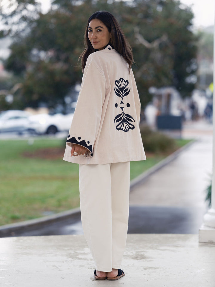 The Joni Kimono in Cream and Charcoal