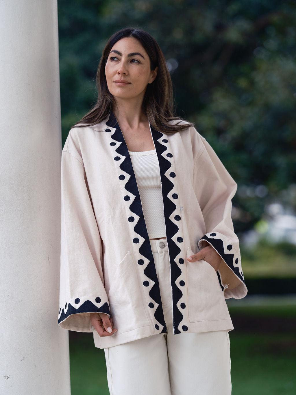 The Joni Kimono in Cream and Charcoal
