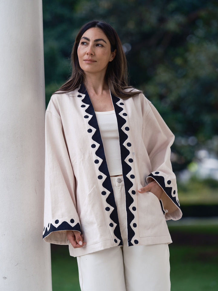 The Joni Kimono in Cream and Charcoal