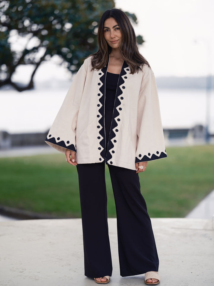 The Joni Kimono in Cream and Charcoal