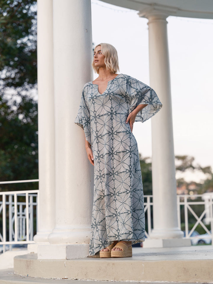 THE STEVIE KAFTAN MAXI - GREEN BLOCK PRINT
