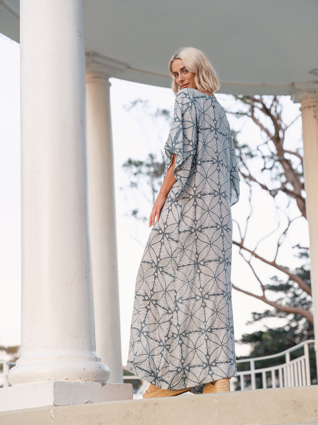 THE STEVIE KAFTAN MAXI - GREEN BLOCK PRINT
