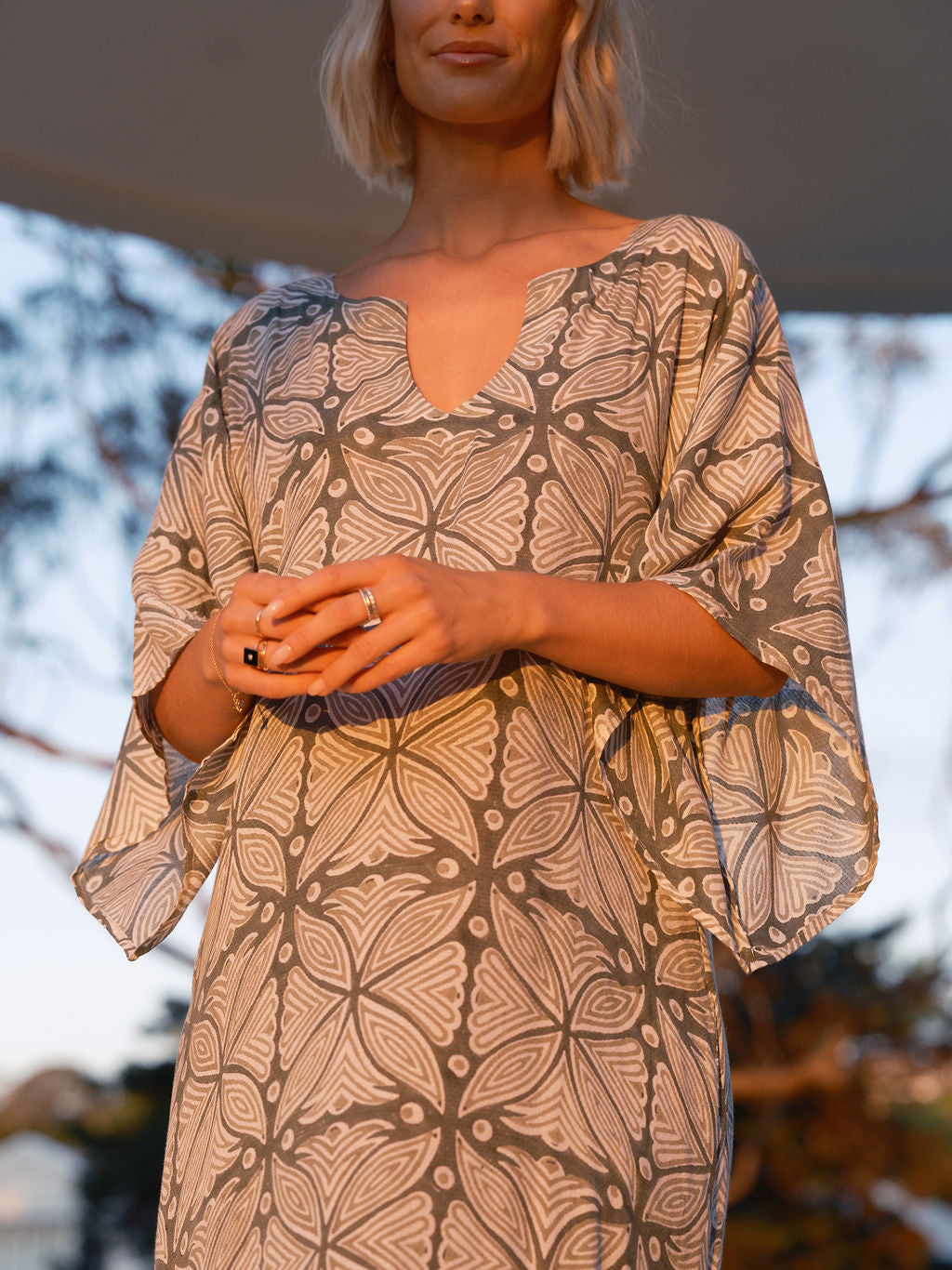 THE STEVIE KAFTAN MAXI - GREEN BLOCK PRINT