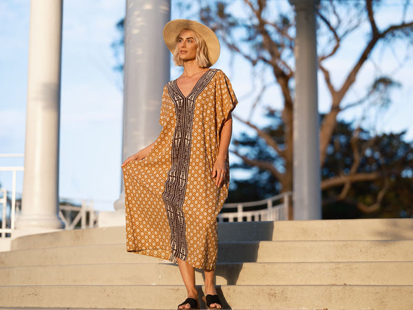 Sunday Kaftan | Bagru Block Print Eco Viscose Kaftan — Ulu Lounge