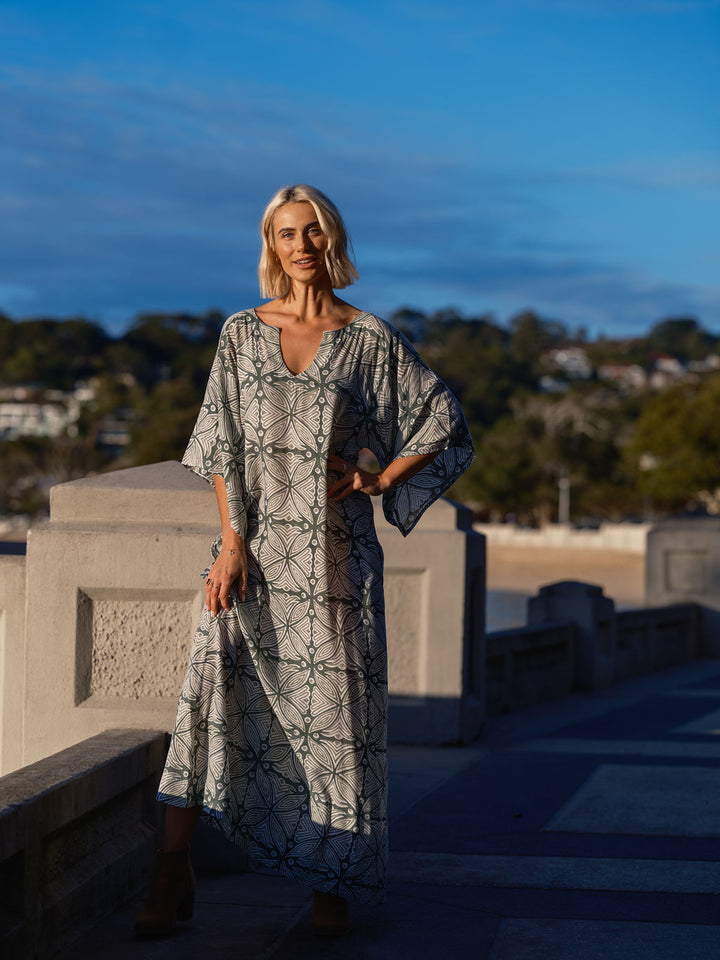 THE STEVIE KAFTAN MAXI - GREEN BLOCK PRINT