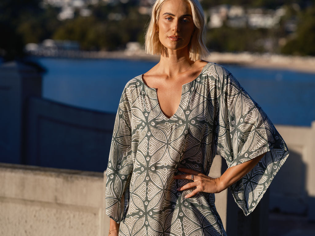 THE STEVIE KAFTAN MAXI - GREEN BLOCK PRINT