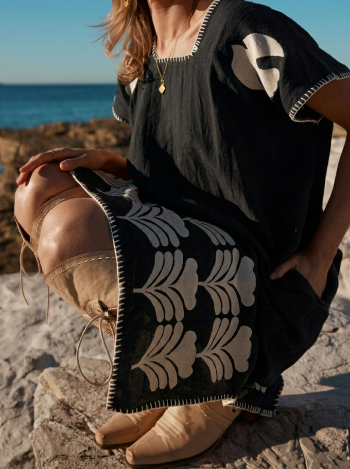 THE PEACE KAFTAN - CHARCOAL AND CREAM