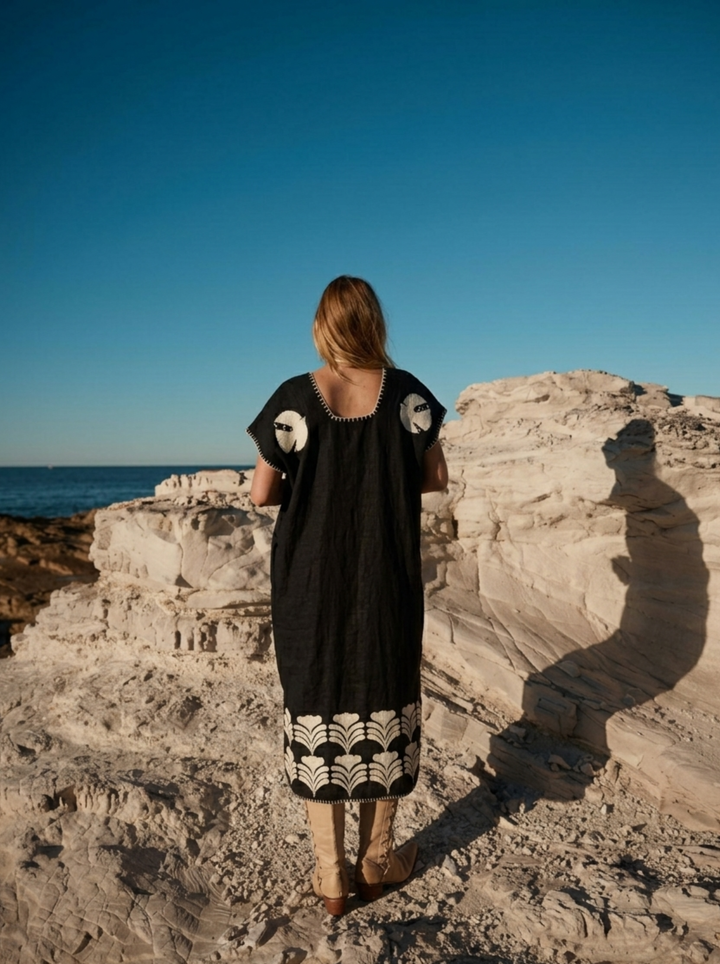 THE PEACE KAFTAN - CHARCOAL AND CREAM