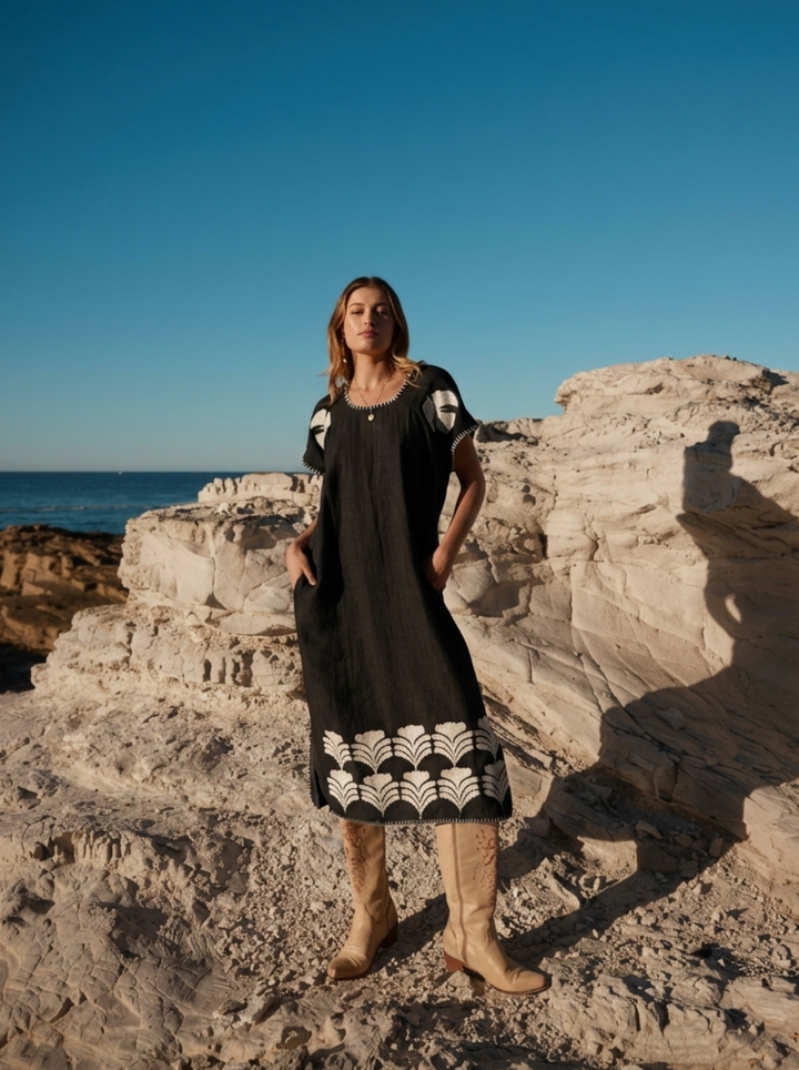 THE PEACE KAFTAN - CHARCOAL AND CREAM